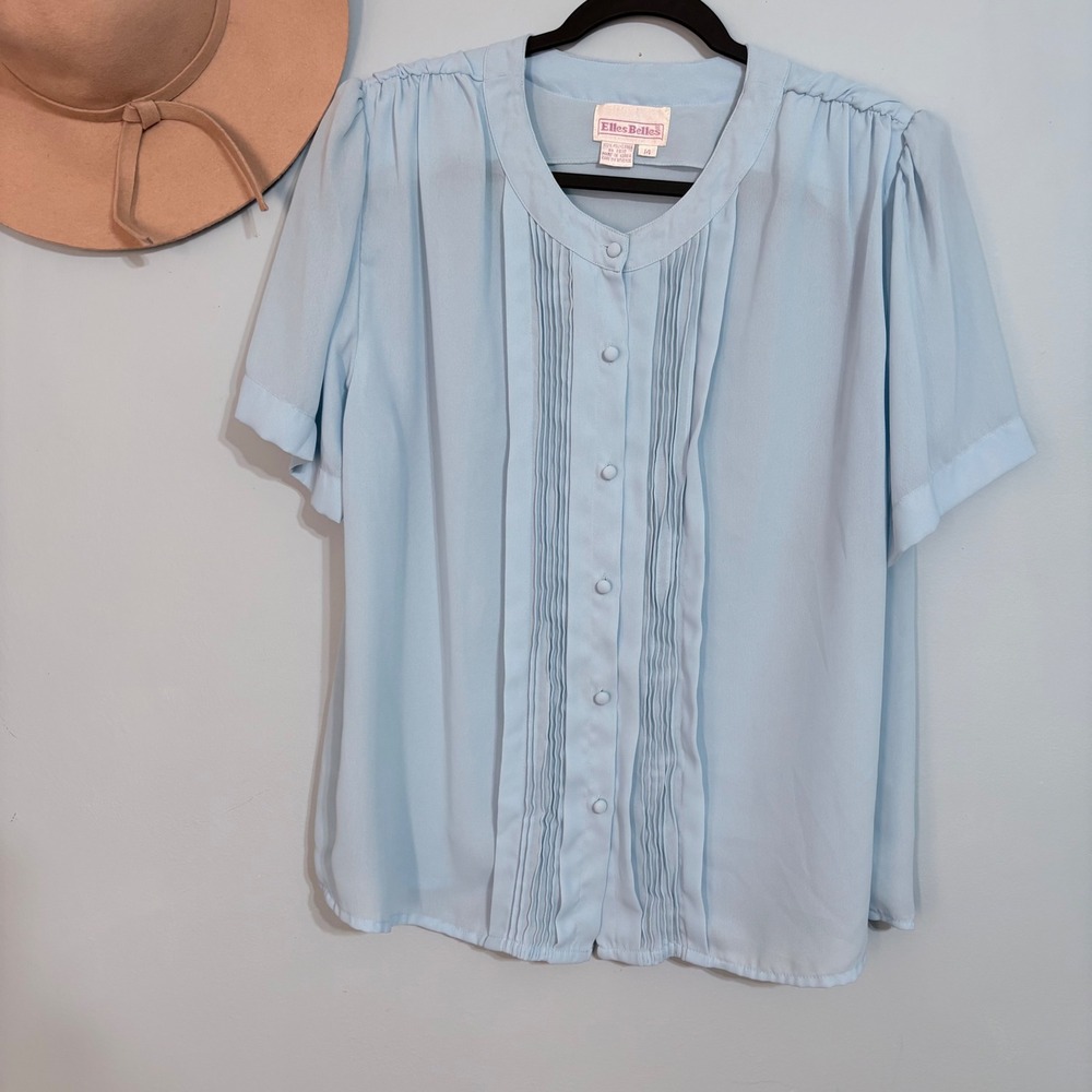 14 Vintage Light Blue Short Sleeve Button Up sheer Blouse